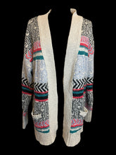 Load image into Gallery viewer, 0X Off-white, black, &amp; multicolor abstract pattern knit open front cardigan w/ ribbed hems, &amp; pockets
