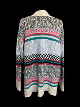 Load image into Gallery viewer, 0X Off-white, black, &amp; multicolor abstract pattern knit open front cardigan w/ ribbed hems, &amp; pockets
