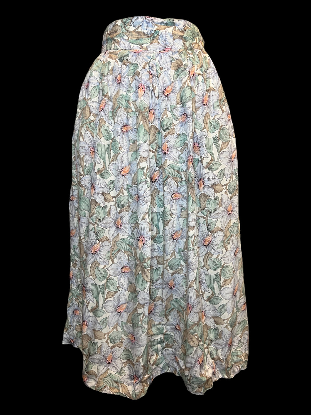 S Vintage 70s off-white & multicolor pastel floral midi skirt w/ elastic waist, & double button closure