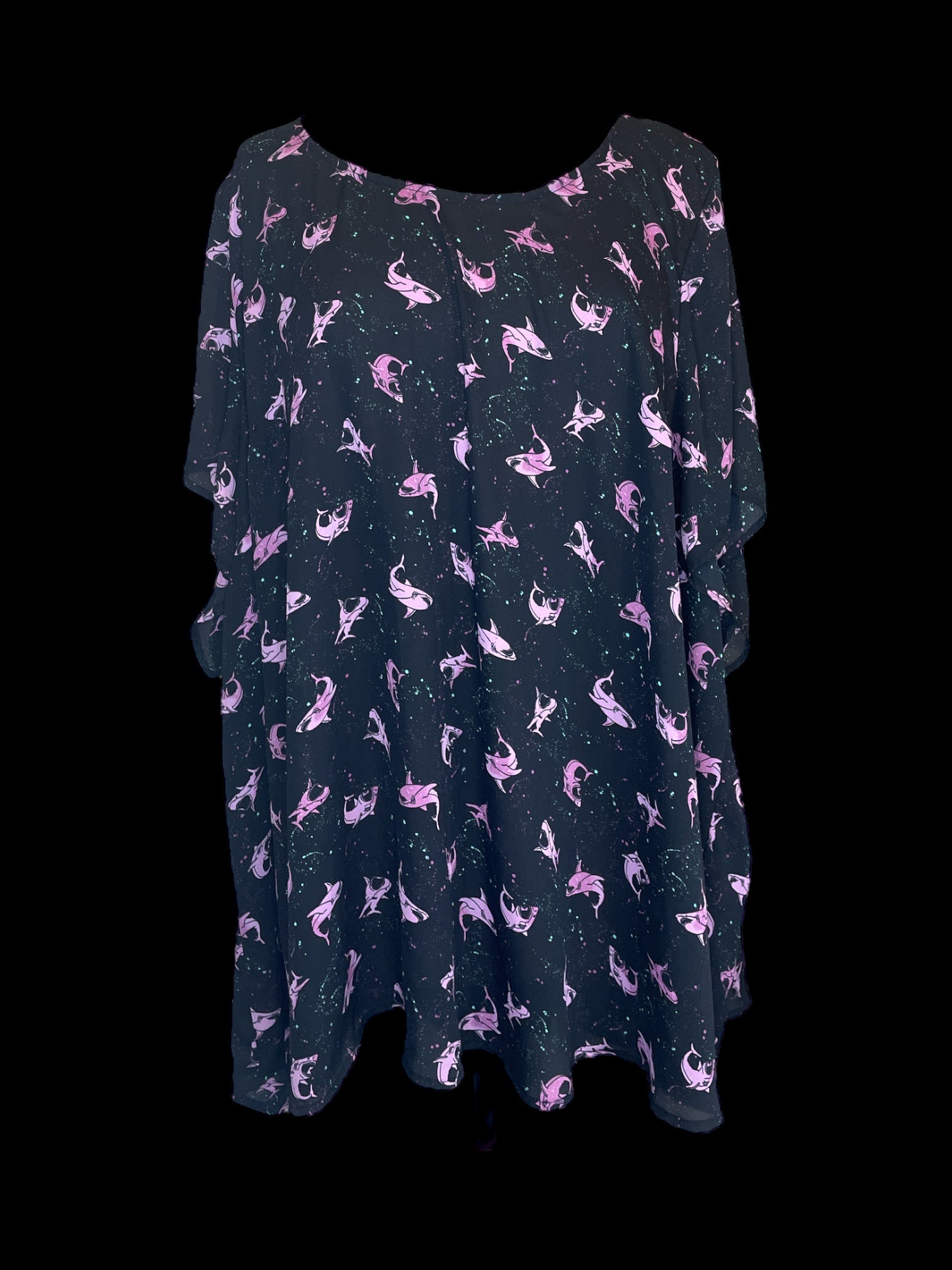 5X Black Sheer scoopneck short sleeve top w/ pink shark & paint